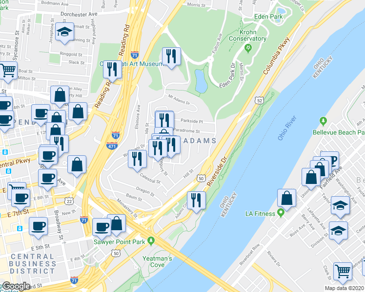 map of restaurants, bars, coffee shops, grocery stores, and more near 958 Hatch Street in Cincinnati