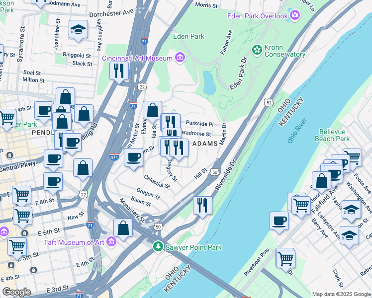 map of restaurants, bars, coffee shops, grocery stores, and more near 958 Hatch Street in Cincinnati