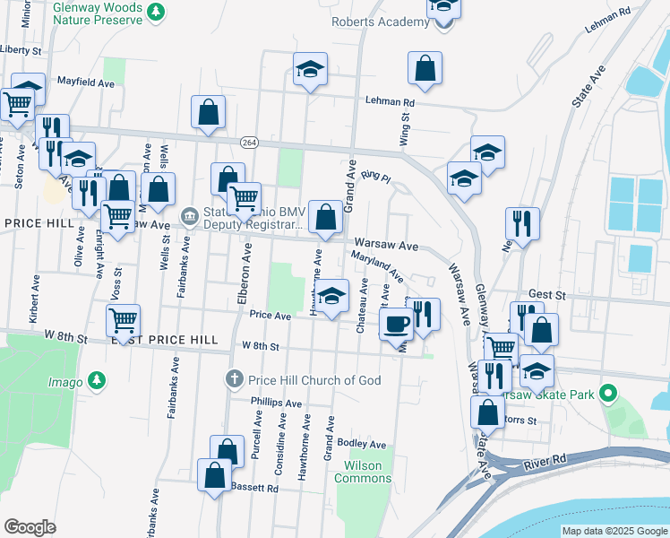 map of restaurants, bars, coffee shops, grocery stores, and more near in Cincinnati