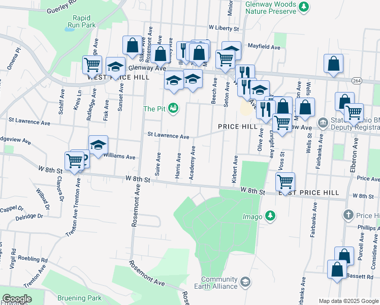map of restaurants, bars, coffee shops, grocery stores, and more near 3851 Saint Lawrence Avenue in Cincinnati