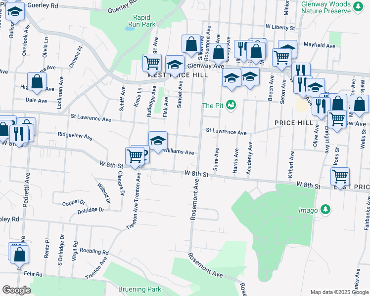 map of restaurants, bars, coffee shops, grocery stores, and more near 4031 Jamestown Street in Cincinnati
