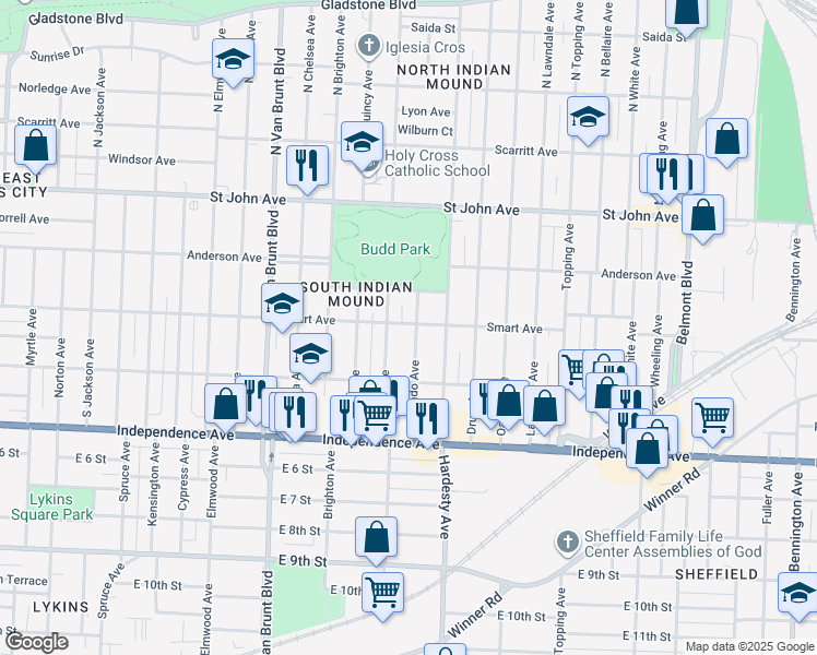 map of restaurants, bars, coffee shops, grocery stores, and more near 327 Denver Avenue in Kansas City