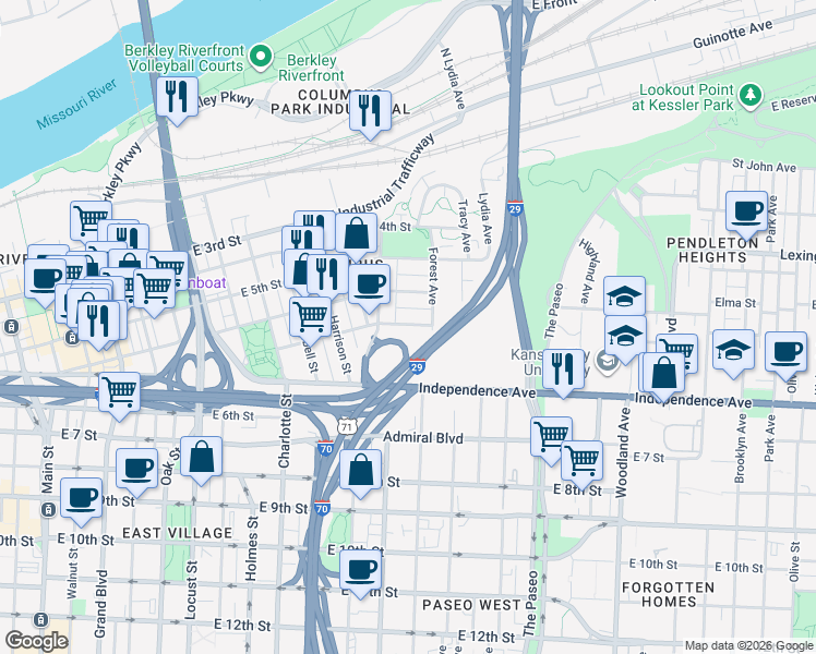 map of restaurants, bars, coffee shops, grocery stores, and more near 1119 East Missouri Avenue in Kansas City