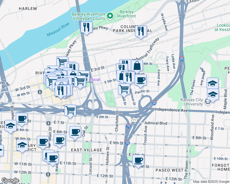 map of restaurants, bars, coffee shops, grocery stores, and more near 518 Campbell Street in Kansas City