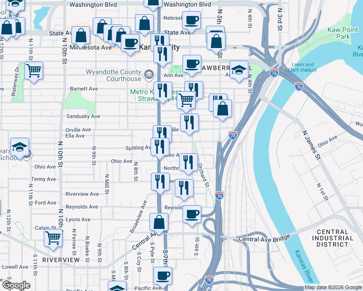 map of restaurants, bars, coffee shops, grocery stores, and more near 613 Orville Avenue in Kansas City