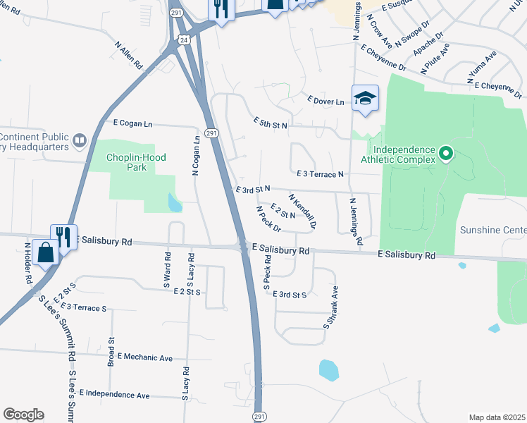 map of restaurants, bars, coffee shops, grocery stores, and more near 16502 East 2 Street South in Independence