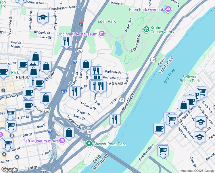 map of restaurants, bars, coffee shops, grocery stores, and more near 958 Hatch Street in Cincinnati