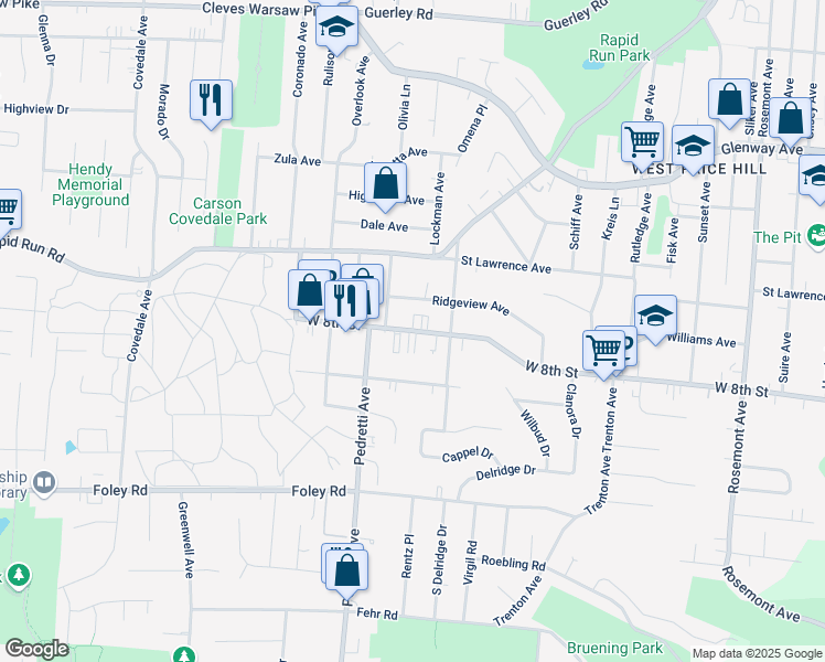map of restaurants, bars, coffee shops, grocery stores, and more near 4431 West 8th Street in Cincinnati