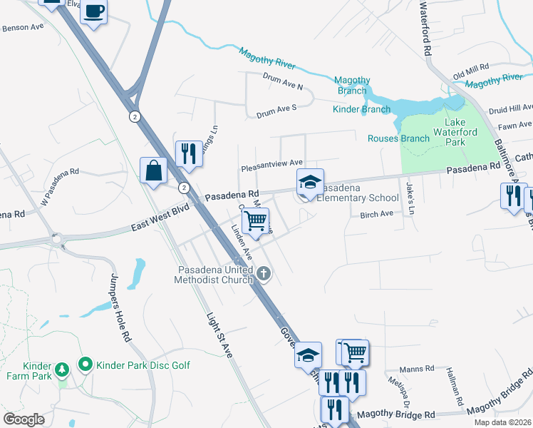 map of restaurants, bars, coffee shops, grocery stores, and more near 105 Maple Avenue in Pasadena