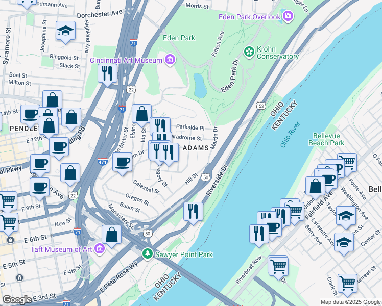 map of restaurants, bars, coffee shops, grocery stores, and more near 1136 Carney Street in Cincinnati