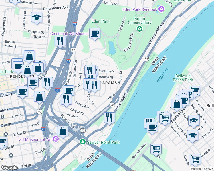 map of restaurants, bars, coffee shops, grocery stores, and more near 1136 Carney Street in Cincinnati