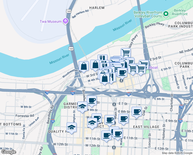map of restaurants, bars, coffee shops, grocery stores, and more near 114A West 3rd Street in Kansas City
