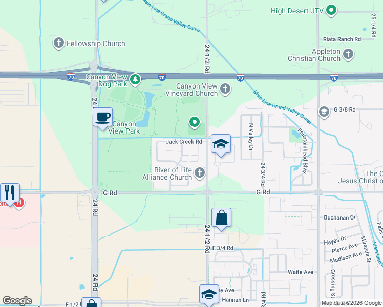 map of restaurants, bars, coffee shops, grocery stores, and more near 717 Metate Court in Grand Junction