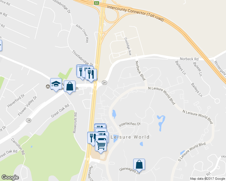 map of restaurants, bars, coffee shops, grocery stores, and more near 15400 Bassett Lane in Silver Spring