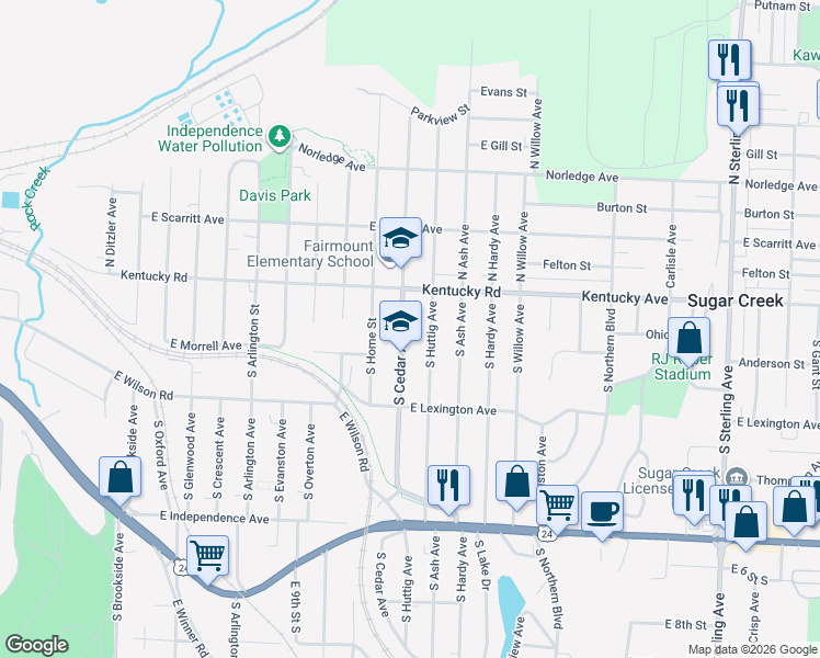 map of restaurants, bars, coffee shops, grocery stores, and more near 116 South Cedar Avenue in Independence