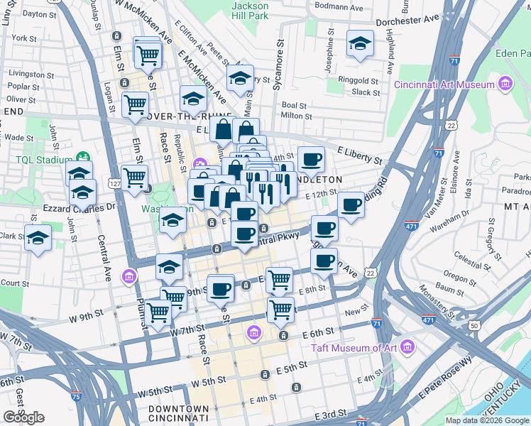 map of restaurants, bars, coffee shops, grocery stores, and more near 1134 Main Street in Cincinnati