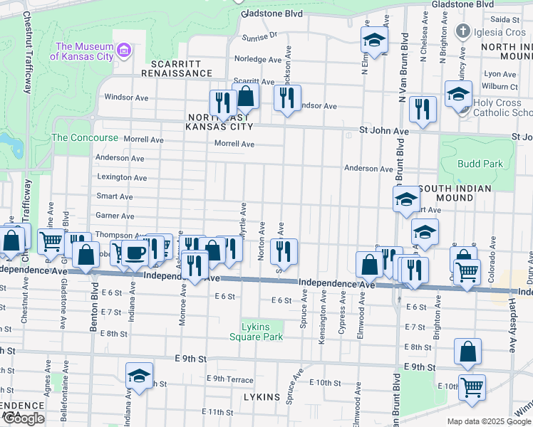 map of restaurants, bars, coffee shops, grocery stores, and more near 4012 Smart Avenue in Kansas City