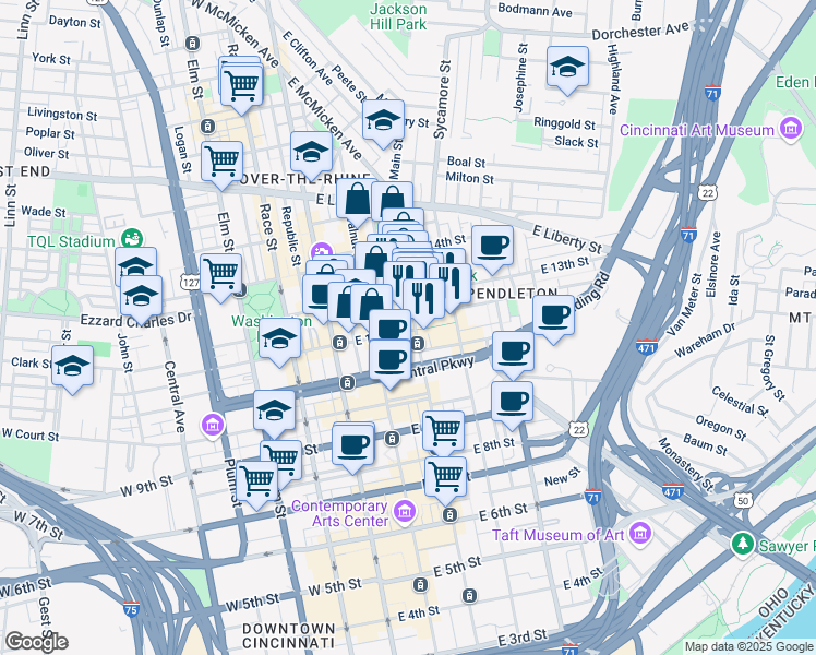 map of restaurants, bars, coffee shops, grocery stores, and more near 1201 Main Street in Cincinnati