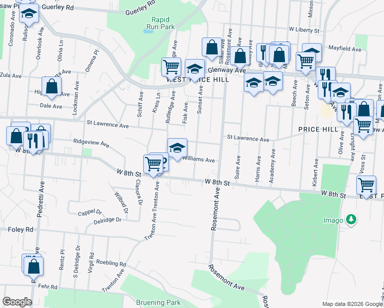 map of restaurants, bars, coffee shops, grocery stores, and more near 907 Sunset Avenue in Cincinnati