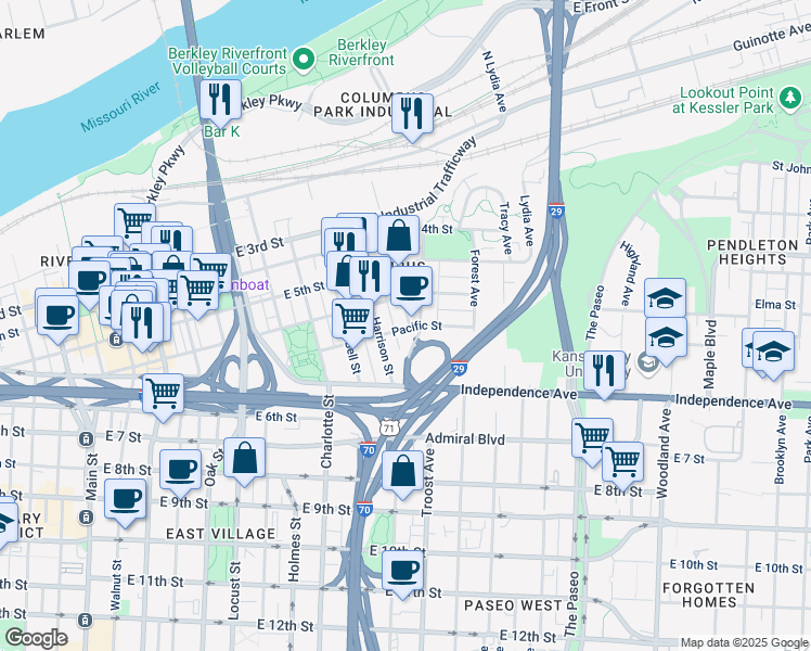 map of restaurants, bars, coffee shops, grocery stores, and more near 570 Gillis Street in Kansas City