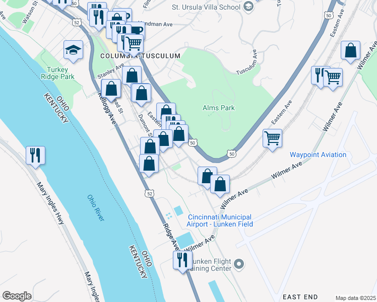 map of restaurants, bars, coffee shops, grocery stores, and more near 4026 Eastern Avenue in Cincinnati