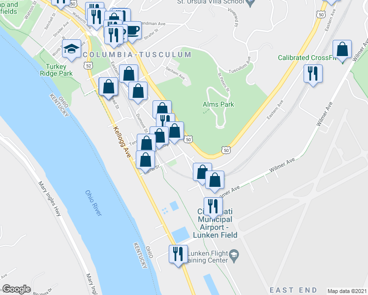 map of restaurants, bars, coffee shops, grocery stores, and more near 4026 Eastern Avenue in Cincinnati