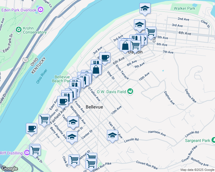 map of restaurants, bars, coffee shops, grocery stores, and more near in Dayton