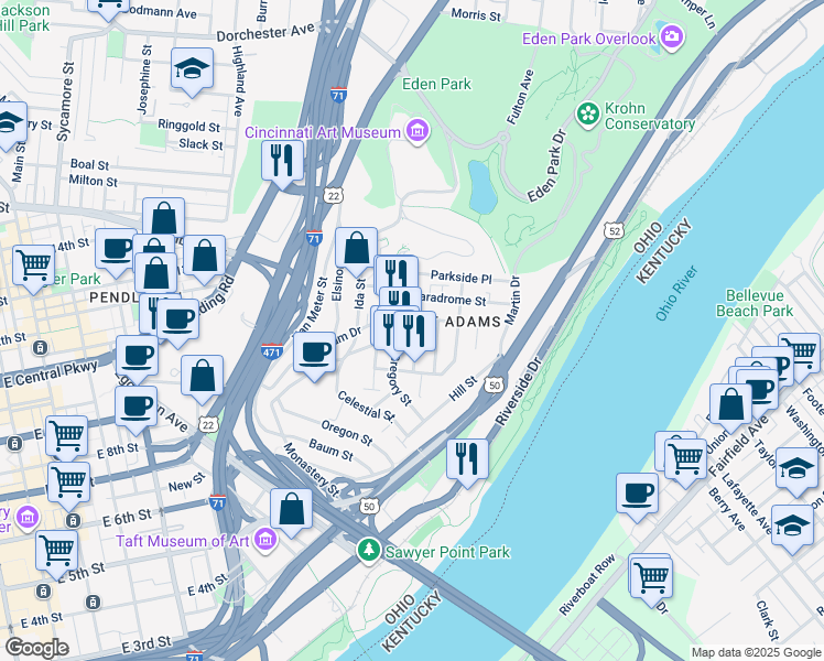 map of restaurants, bars, coffee shops, grocery stores, and more near 958 Hatch Street in Cincinnati