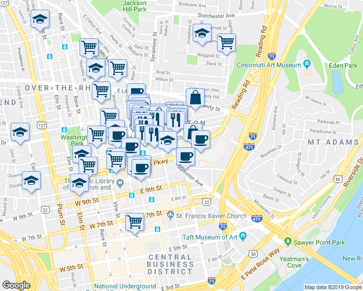 map of restaurants, bars, coffee shops, grocery stores, and more near 1131 Broadway Street in Cincinnati