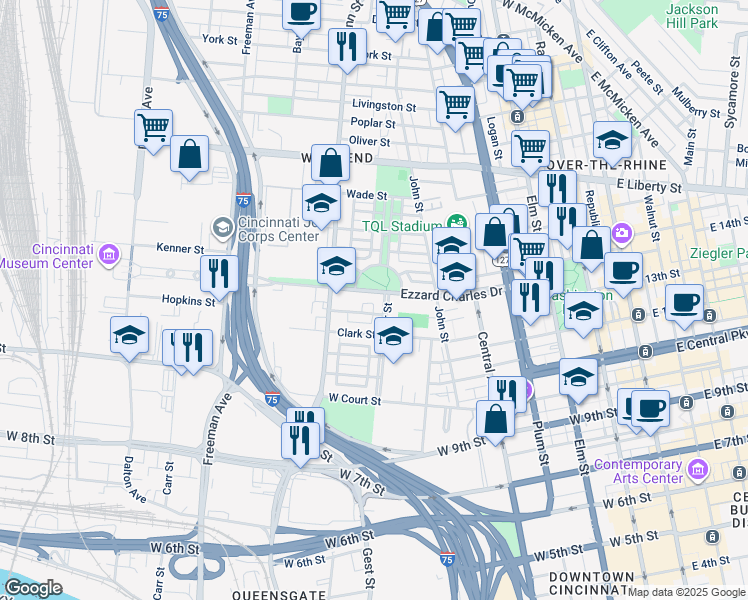 map of restaurants, bars, coffee shops, grocery stores, and more near 1331 Laurel Park Drive in Cincinnati