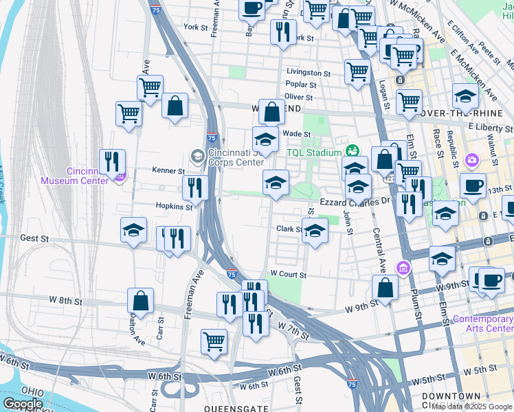 map of restaurants, bars, coffee shops, grocery stores, and more near in Cincinnati