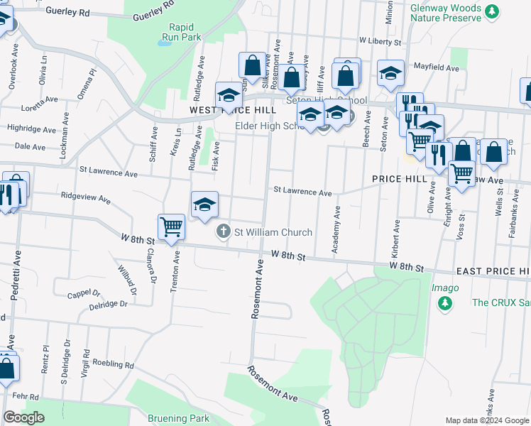 map of restaurants, bars, coffee shops, grocery stores, and more near 926 Rosemont Avenue in Cincinnati