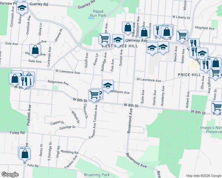 map of restaurants, bars, coffee shops, grocery stores, and more near 4121 Jamestown Street in Cincinnati