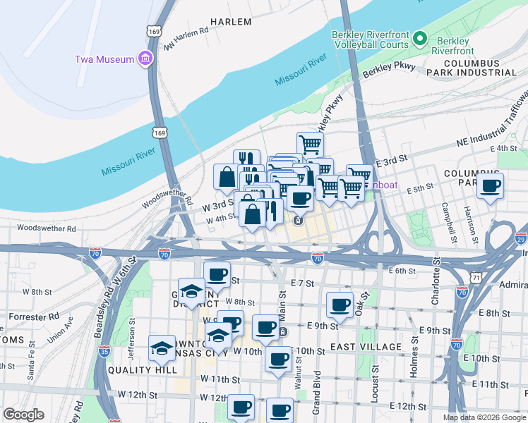 map of restaurants, bars, coffee shops, grocery stores, and more near 303 Delaware Street in Kansas City