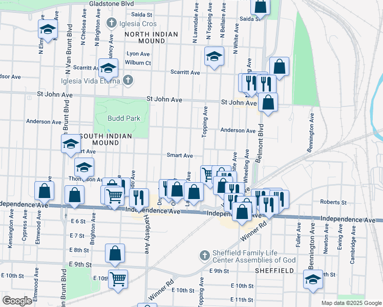map of restaurants, bars, coffee shops, grocery stores, and more near 5700 Smart Avenue in Kansas City