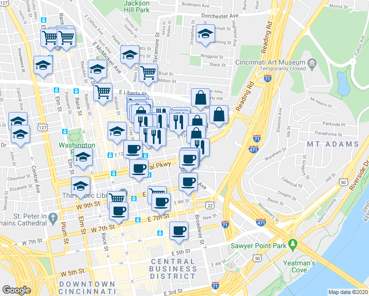 map of restaurants, bars, coffee shops, grocery stores, and more near 404 Reading Road in Cincinnati