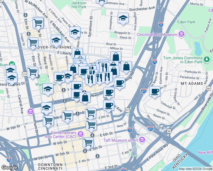 map of restaurants, bars, coffee shops, grocery stores, and more near 1131 Broadway Street in Cincinnati
