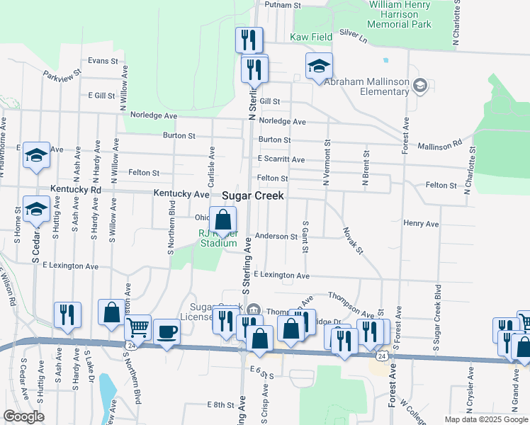 map of restaurants, bars, coffee shops, grocery stores, and more near in Sugar Creek