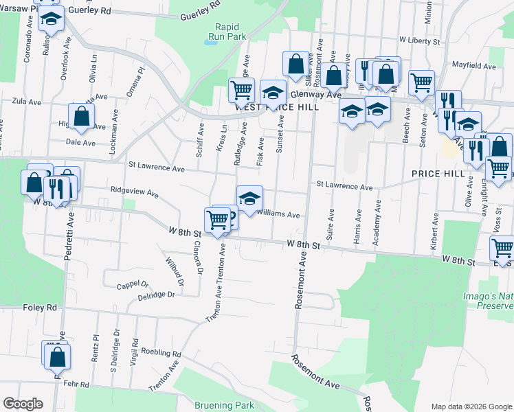 map of restaurants, bars, coffee shops, grocery stores, and more near 4121 Jamestown Street in Cincinnati