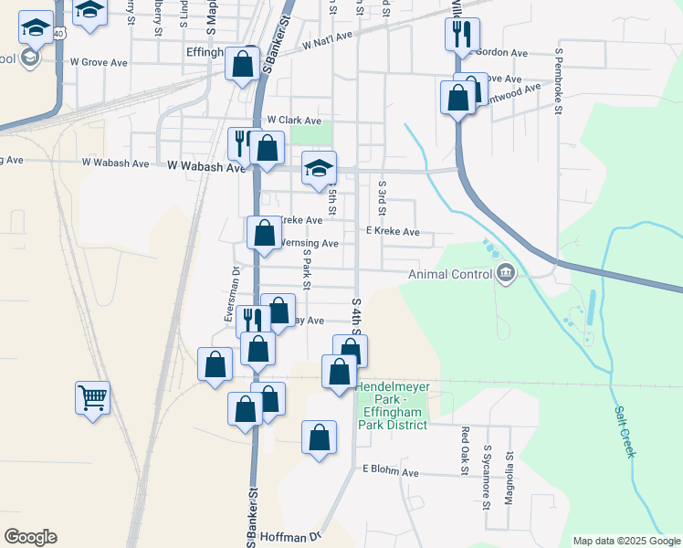 map of restaurants, bars, coffee shops, grocery stores, and more near 200 West Eiche Avenue in Effingham