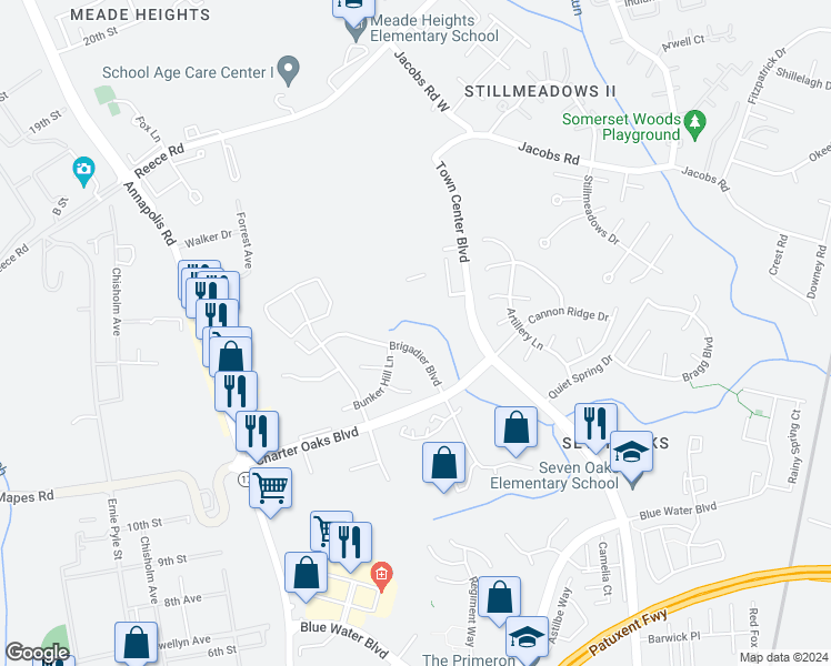 map of restaurants, bars, coffee shops, grocery stores, and more near 2020 Brigadier Boulevard in Odenton