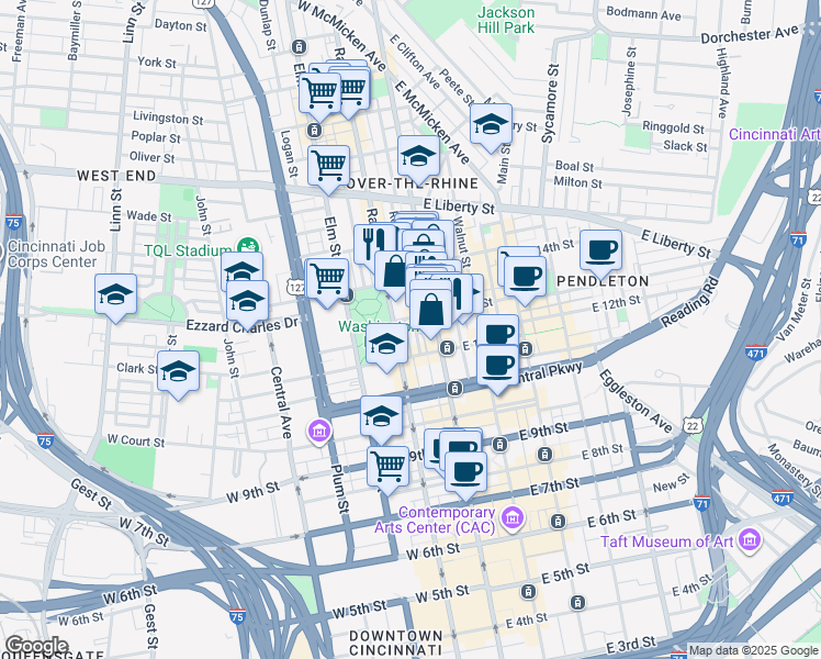 map of restaurants, bars, coffee shops, grocery stores, and more near 31 West 13th Street in Cincinnati