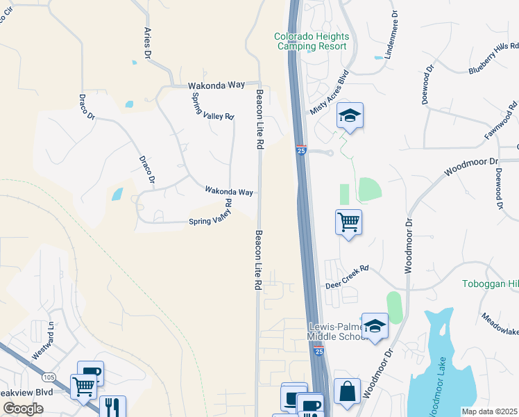 map of restaurants, bars, coffee shops, grocery stores, and more near 19090 Beacon Lite Road in Monument