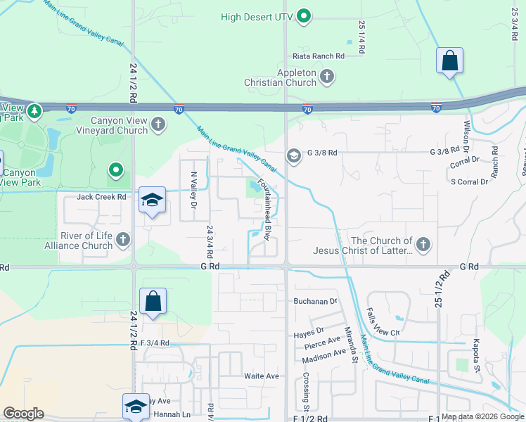 map of restaurants, bars, coffee shops, grocery stores, and more near 2491 Fountain Greens Place in Grand Junction