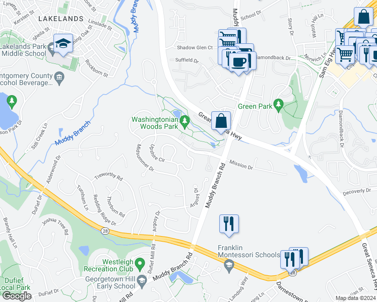 map of restaurants, bars, coffee shops, grocery stores, and more near 806 Amber Tree Court in Gaithersburg