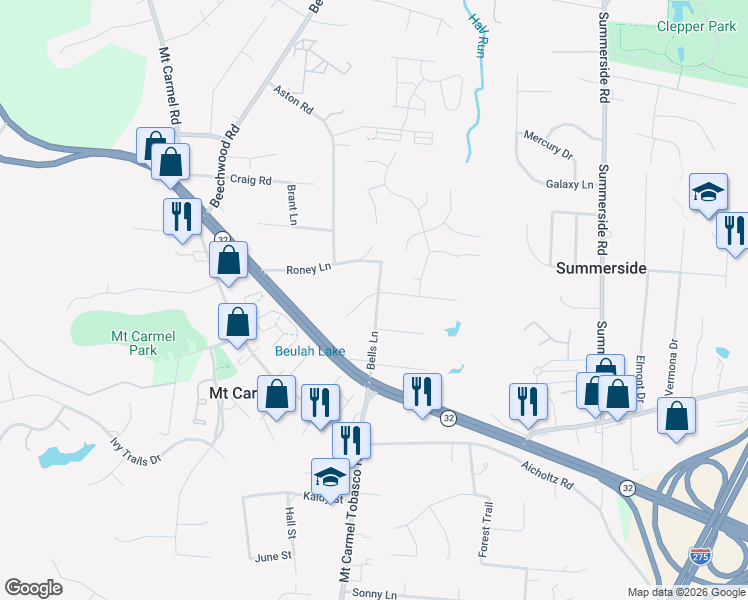 map of restaurants, bars, coffee shops, grocery stores, and more near 4820 Bells Lake Drive in Cincinnati