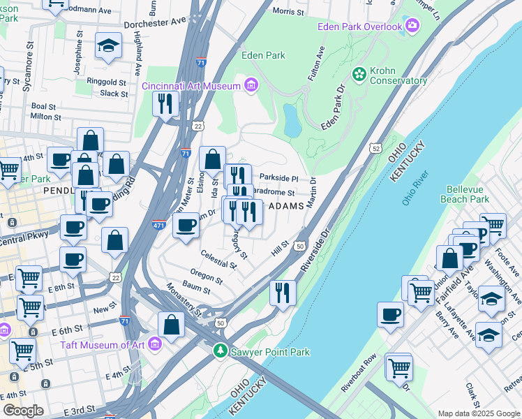 map of restaurants, bars, coffee shops, grocery stores, and more near 958 Hatch Street in Cincinnati