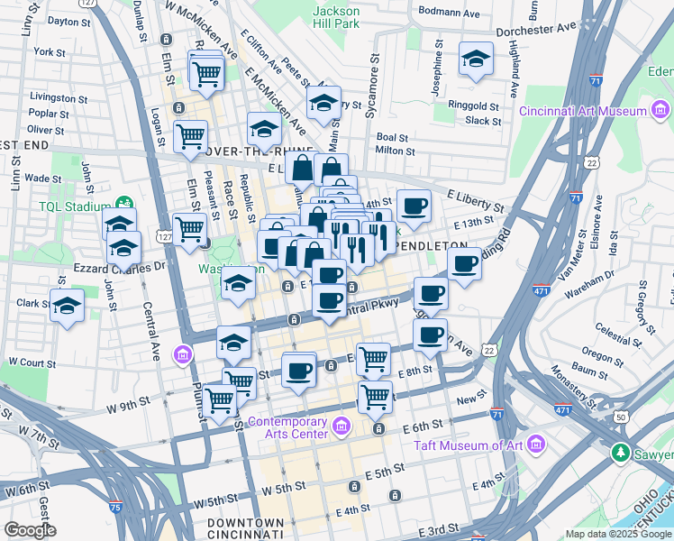 map of restaurants, bars, coffee shops, grocery stores, and more near 1206 Main Street in Cincinnati