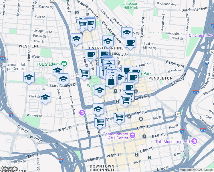 map of restaurants, bars, coffee shops, grocery stores, and more near 18 West 13th Street in Cincinnati