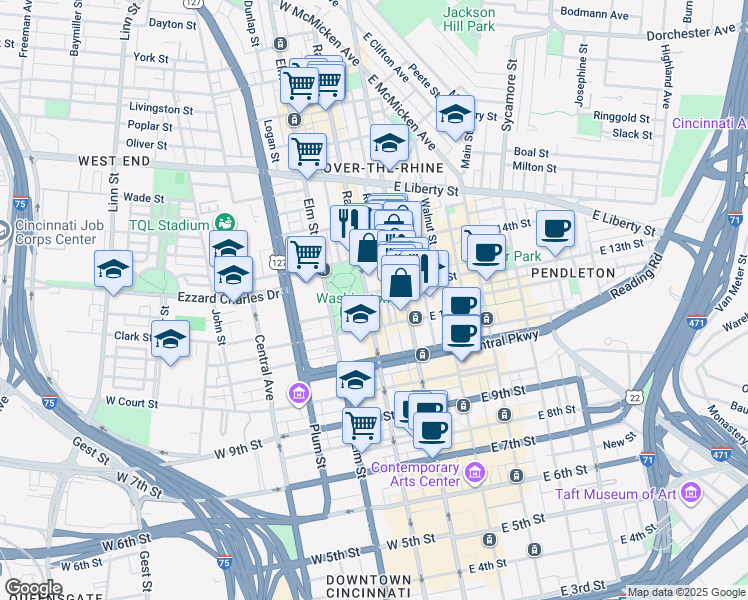 map of restaurants, bars, coffee shops, grocery stores, and more near 18 West 13th Street in Cincinnati